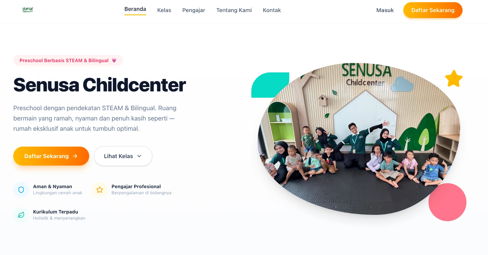 Contoh website preschool Senusa Childcenter yang dibuat dengan Preskulia