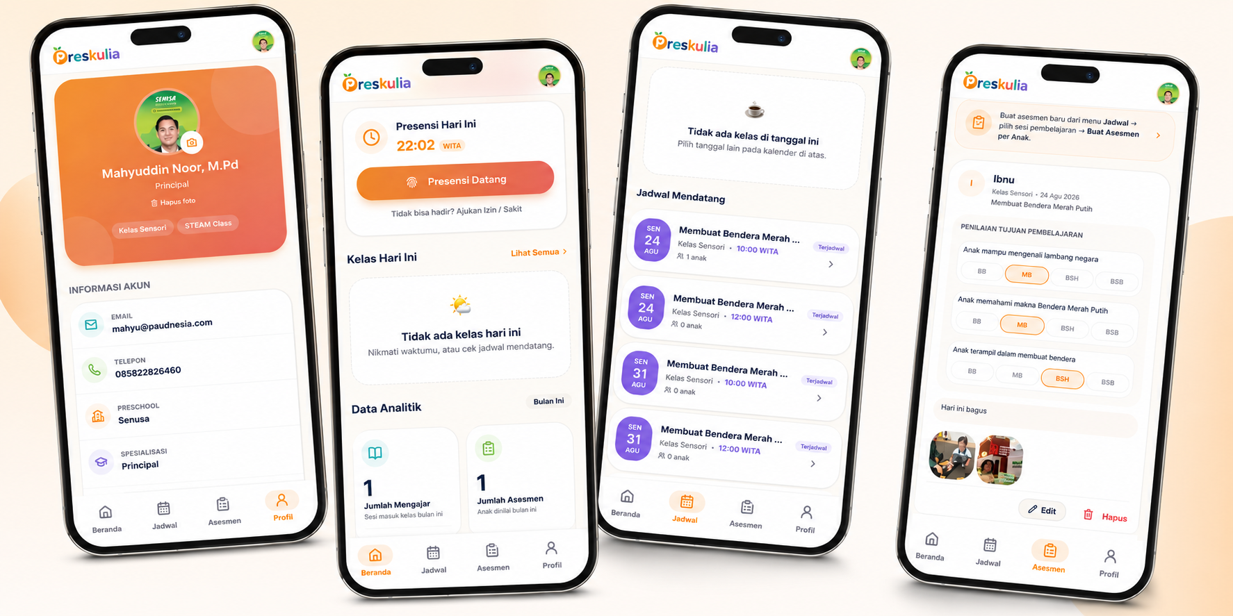 Aplikasi Guru Preskulia — beranda dengan presensi, jadwal mengajar, dan asesmen murid